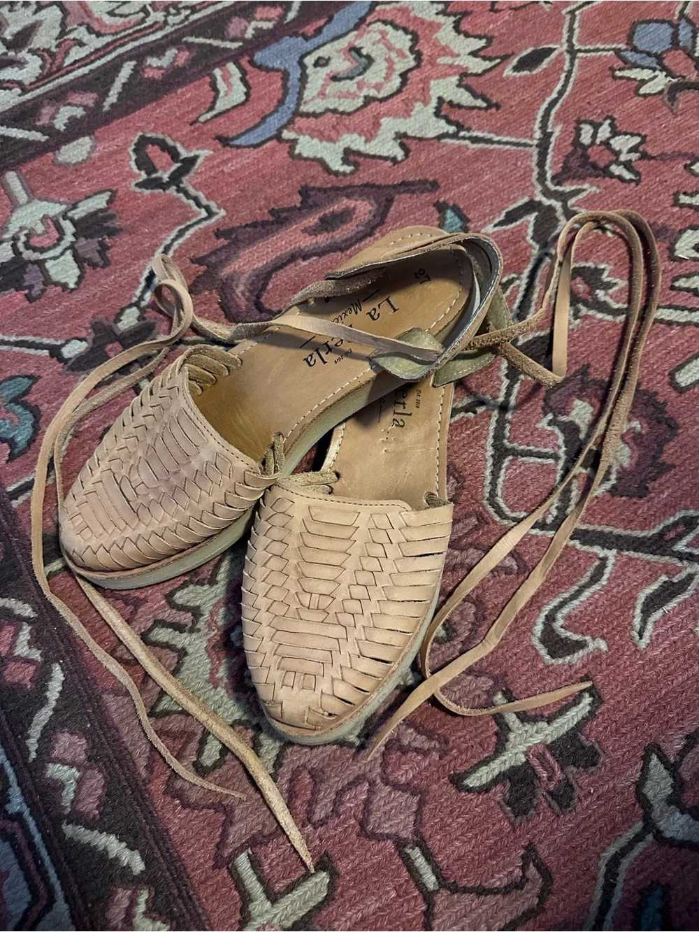 La Perla Woven Leather Lace-Up Huaraches in Beige